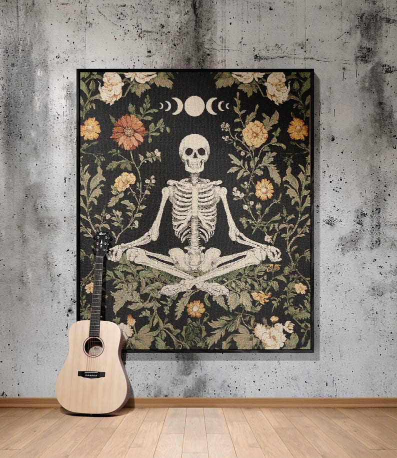 Floral-Yoga-Skeleton-Woven-Blanket-Cottagecore-Tapestry-1