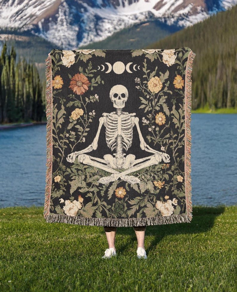 Floral-Yoga-Skeleton-Woven-Blanket-Cottagecore-Tapestry Floral Yoga Skeleton Woven Blanket - Cottagecore Tapestry