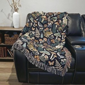 Forest Flora And Fauna Woven Blanket - Nature Wildlife Rabbit Mushrooms Birds Frogs
