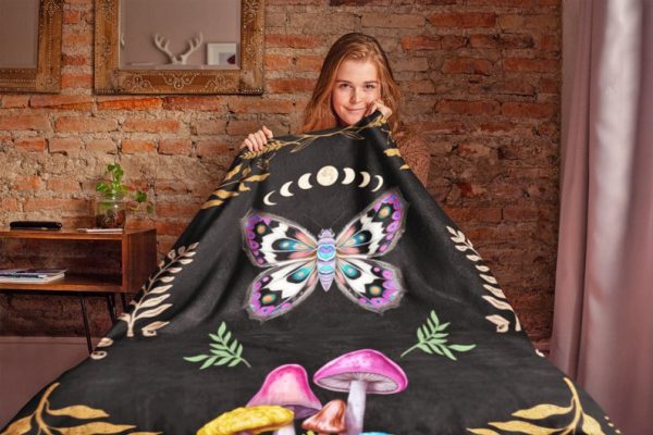 Moon Phases Cottagecore Moth Blanket