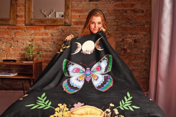 Moon Phases Cottagecore Moth Blanket