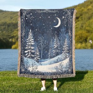 Mystical Winter Woven Blanket - Celestial Snowy Forest Throw Blanket