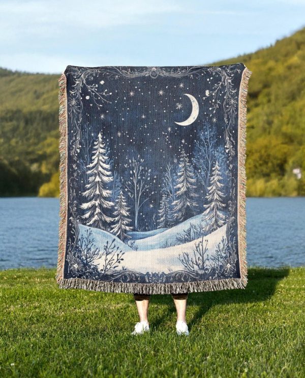 Mystical Winter Woven Blanket - Celestial Snowy Forest Throw Blanket